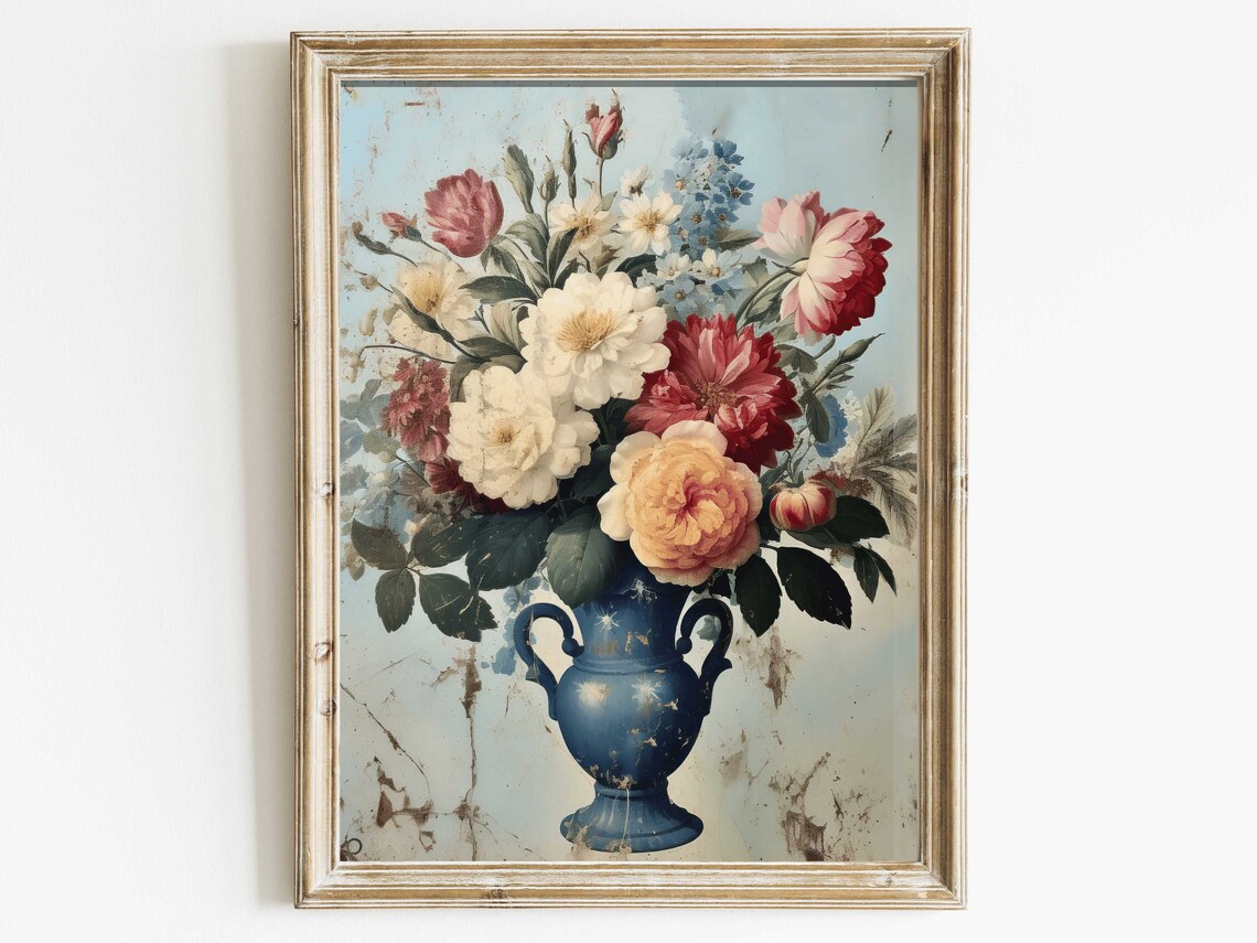Lush Vintage Flower Bouquet In Ornate Blue Vase Still Life Poster