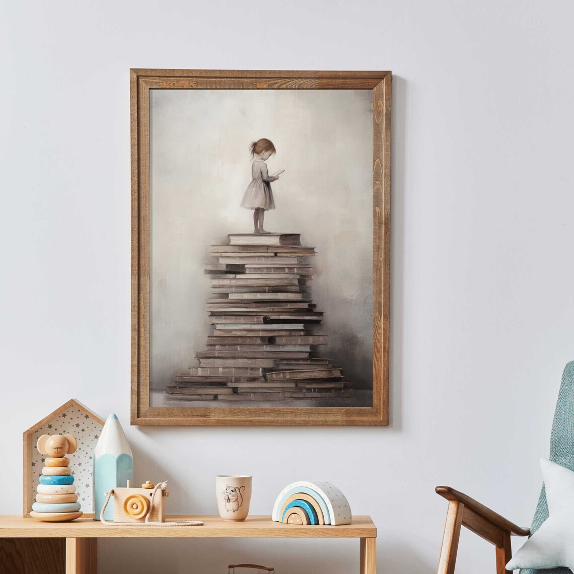 Little Girl Standing On Tall Stack Of Books Reading Art Poster - Image 2