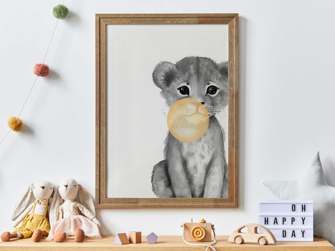 Baby Lion Cub Blowing Golden Bubblegum Whimsical Nursery Art Poster
