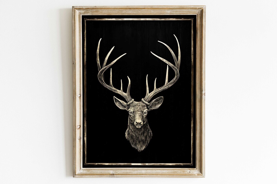 Majestic Golden Stag Head With Antlers On Black Chalkboard Poster