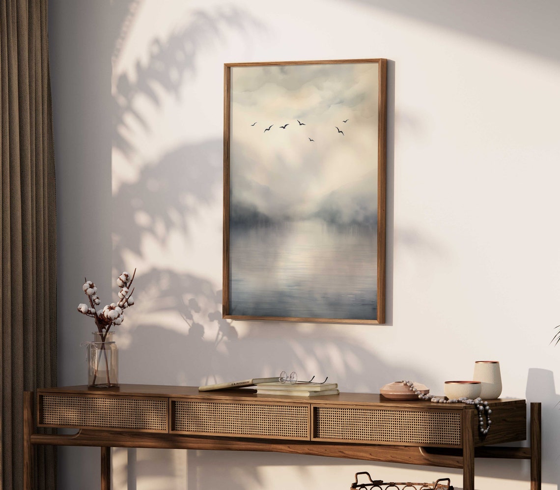 Birds Flying Over a Misty Still Lake Minimalist Watercolor Poster - Image 2
