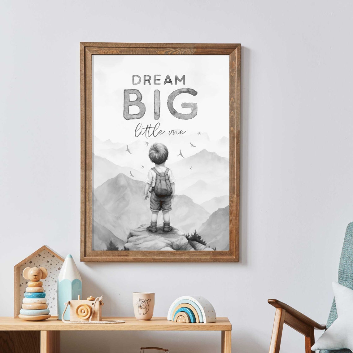 Dream Big Little One Boy Standing on Mountain Peak Adventure Poster - Image 2