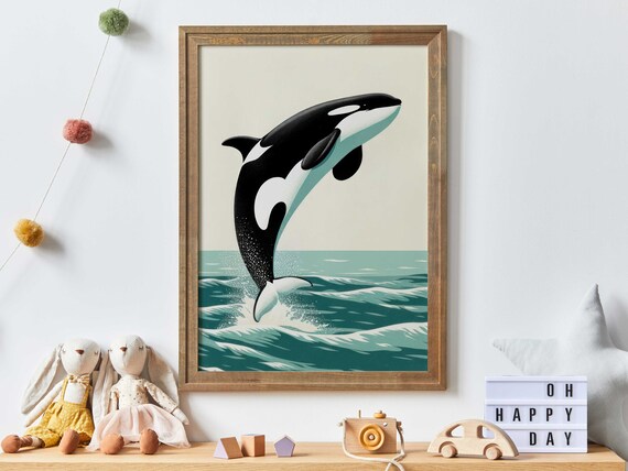 Leaping Orca Whale Above Teal Ocean Waves Vintage Style Poster