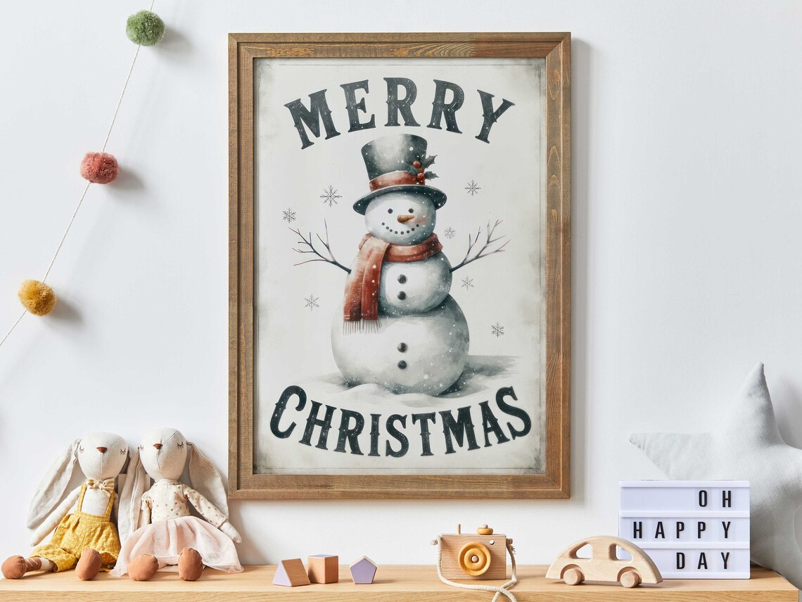 Cheerful Merry Christmas Snowman in Top Hat Vintage Holiday Poster