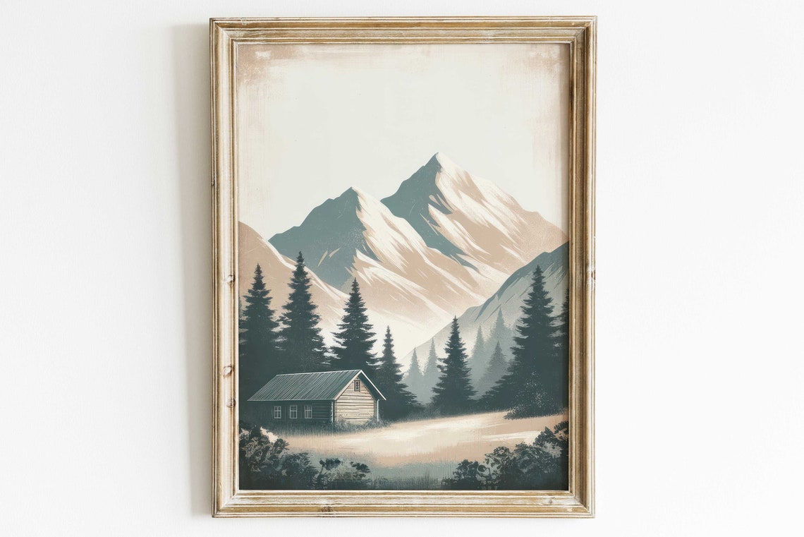 Rustic Mountain Cabin Nestled Among Snowy Peaks and Tall Pines Poster