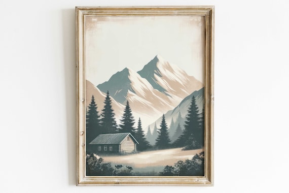 Mountain Cabin Print Cabin Decor Mountain Wall Decor Forest Cabin Painting Forest Mountain Landscape Landscape Wall Art
