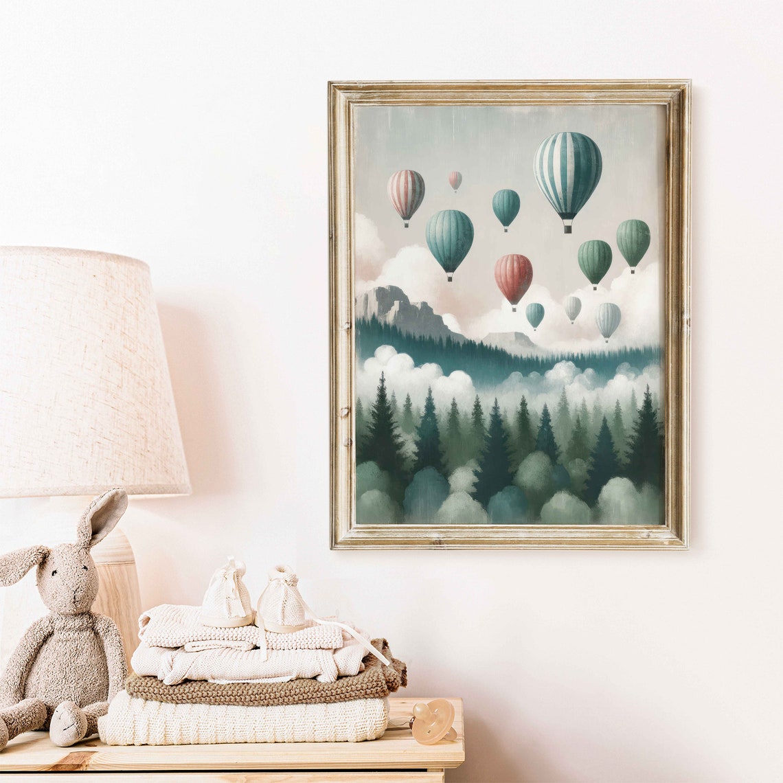 Colorful Hot Air Balloons Above Misty Mountain Forest Art Poster - Image 2