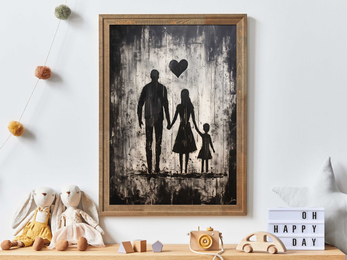 Family Silhouettes Holding Hands Under a Heart Modern Art Print - Image 2