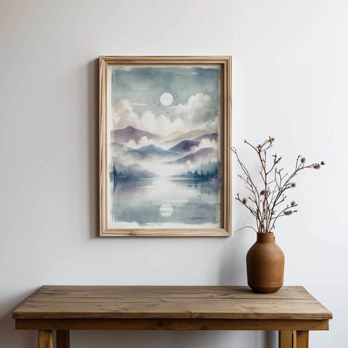 Moonlit Mountain Lake With Mist And Reflected Moon Watercolor Poster - Image 2