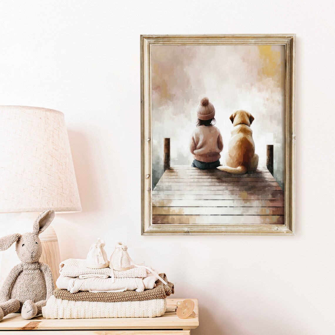 Child with Golden Retriever Puppy on Wooden Dock Misty Lake Poster - Image 2