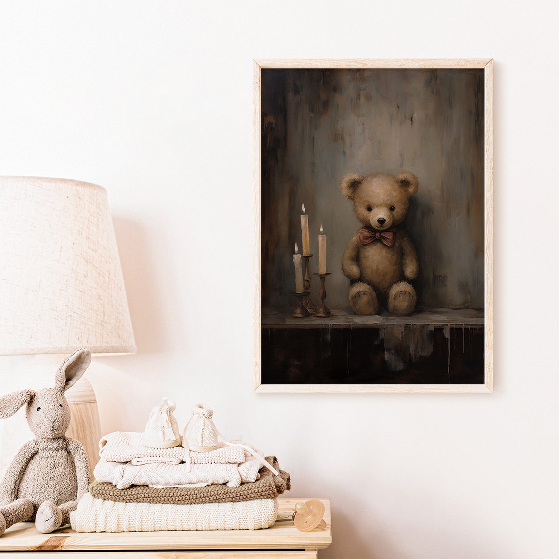 Vintage Teddy Bear With Bow Tie And Candles Dark Nursery Wall Poster - Image 2