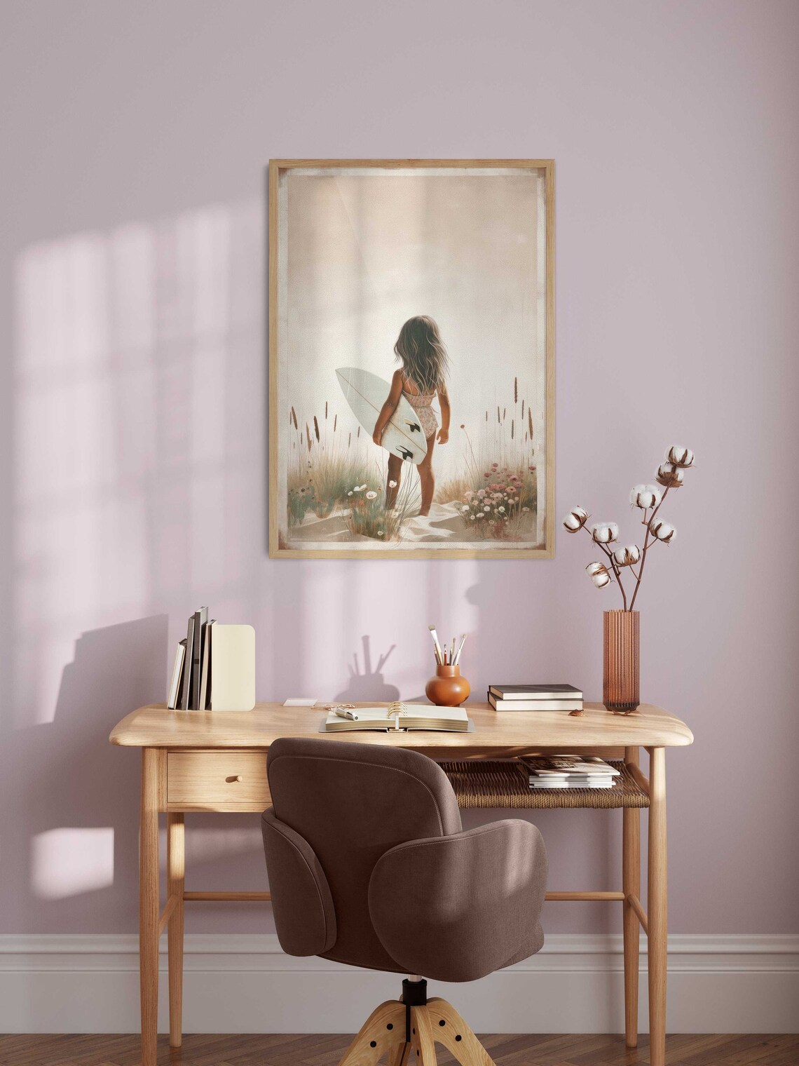 Little Surfer Girl With White Surfboard Walking To Beach Poster Art - Image 2