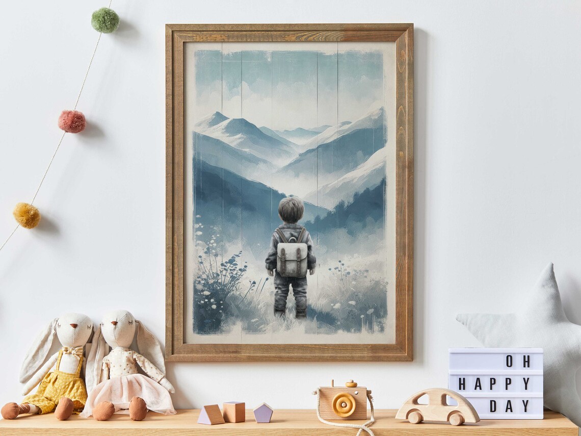 Little Boy With Backpack Facing Mountain Valley Adventure Nursery Print