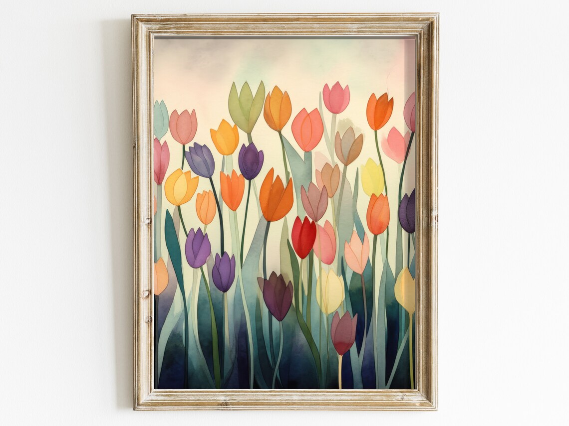 Vibrant Rainbow Tulip Watercolor Floral Garden Painting Poster