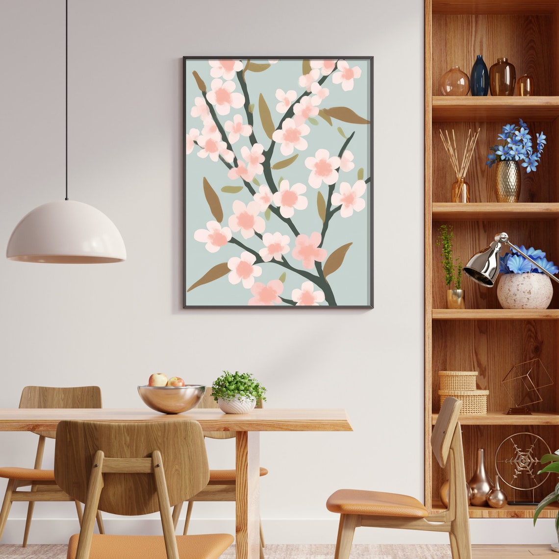 Soft Pink Cherry Blossom Branches On Dusty Blue Botanical Poster - Image 2