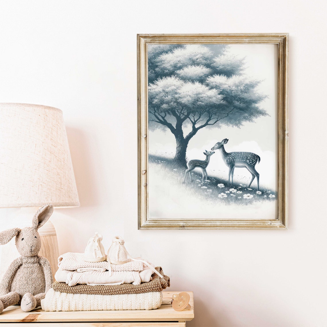 Gentle Doe and Fawn Under a Tree Sage Watercolor Nursery Wall Poster - Image 2