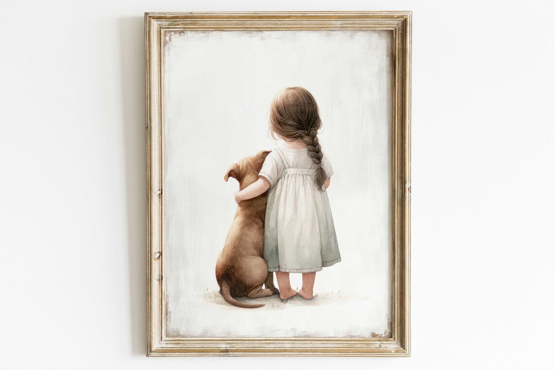 Little Girl Hugging Her Dog Tender Watercolor Nursery Art Poster - Image 2