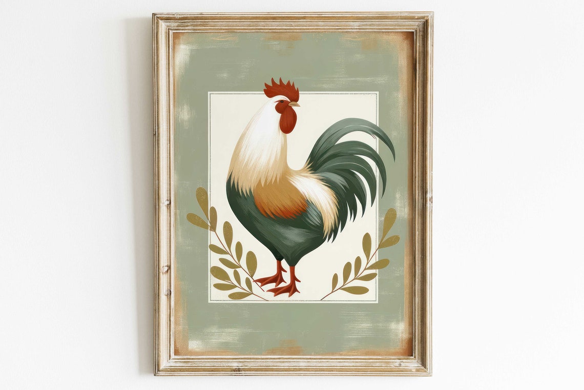 Proud Folk Art Rooster on Sage Green Farmhouse Kitchen Poster