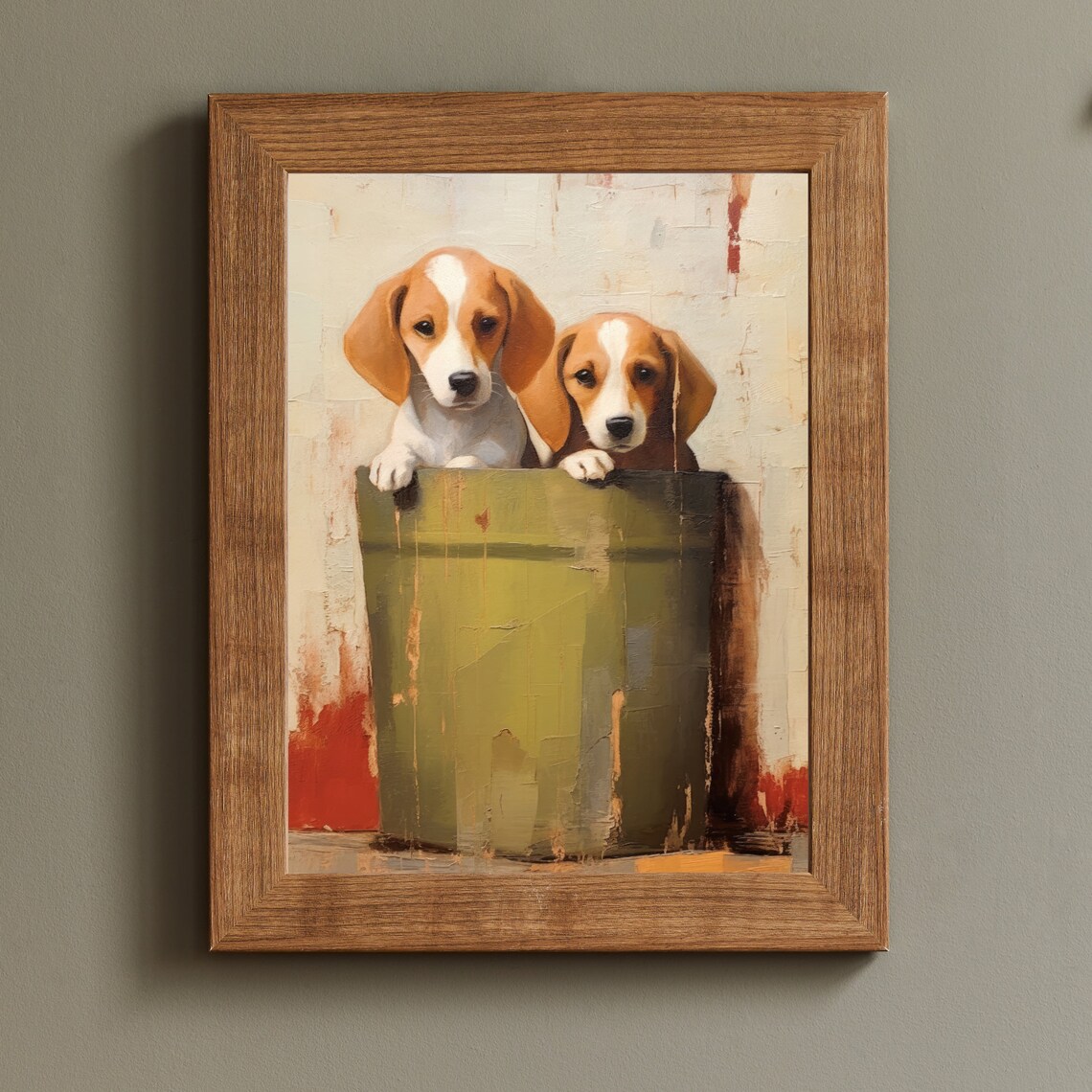 Two Beagle Puppies Peeking Out of a Bucket Vintage Art Poster - Image 2