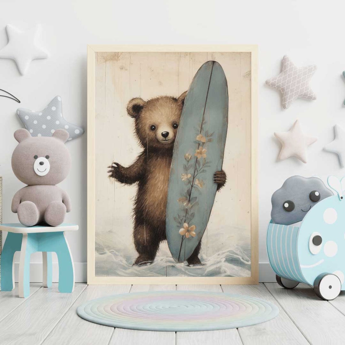 Cute Surfer Bear Cub Holding a Floral Painted Surfboard Poster - Image 2