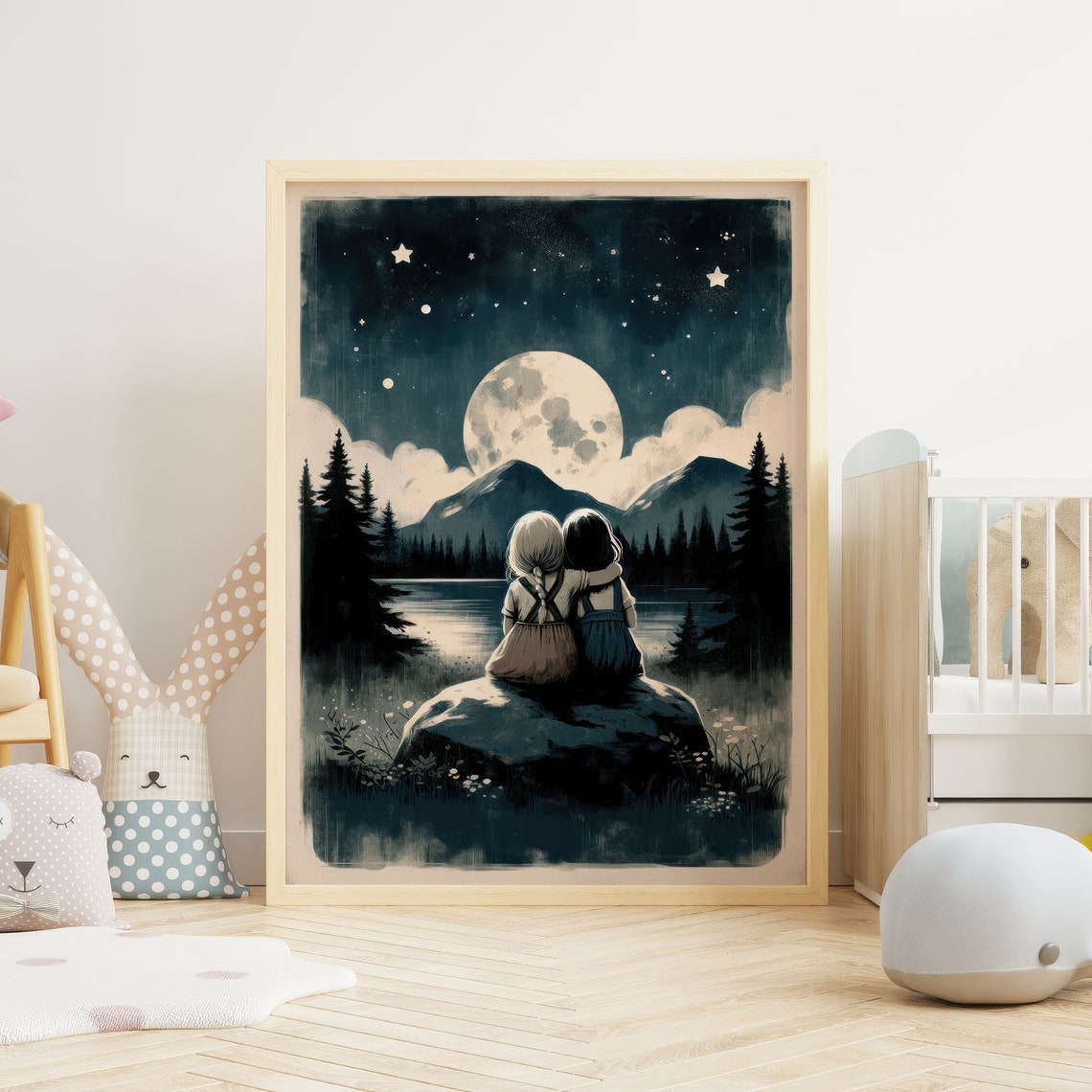 Sister Room Print Sister Painting Magical Nursery Art Adventure Toddler Art Girl Moon Stars Nursery Art Stargazing Wall Art - Image 2