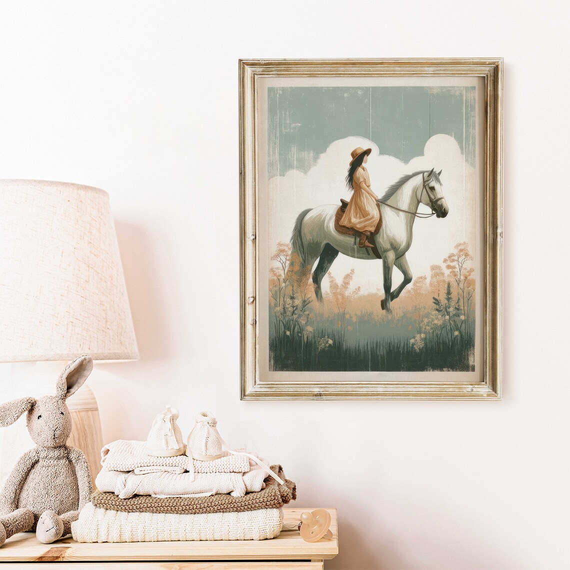 Woman in a Golden Dress Riding a White Horse Through Meadow Poster - Image 2