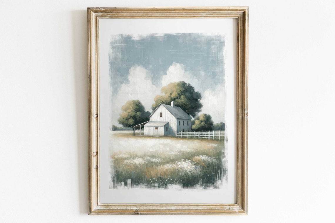 White Farmhouse in a Misty Field Impressionist Cottage Poster