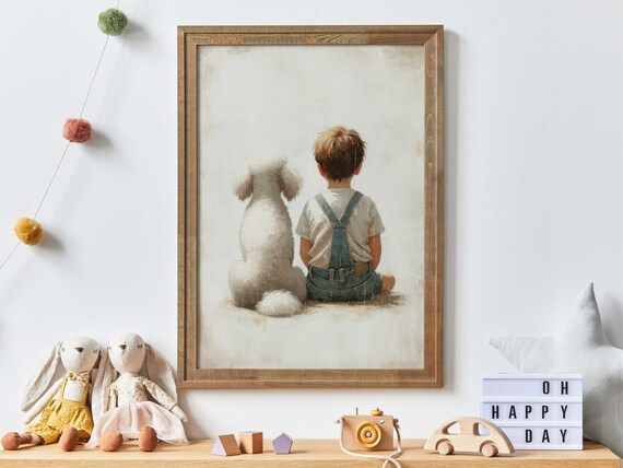 Little Boy and White Poodle Sitting Together Nursery Art Print