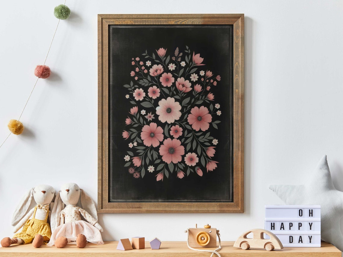 Romantic Pink Floral Bouquet on Vintage Black Chalkboard Art Print