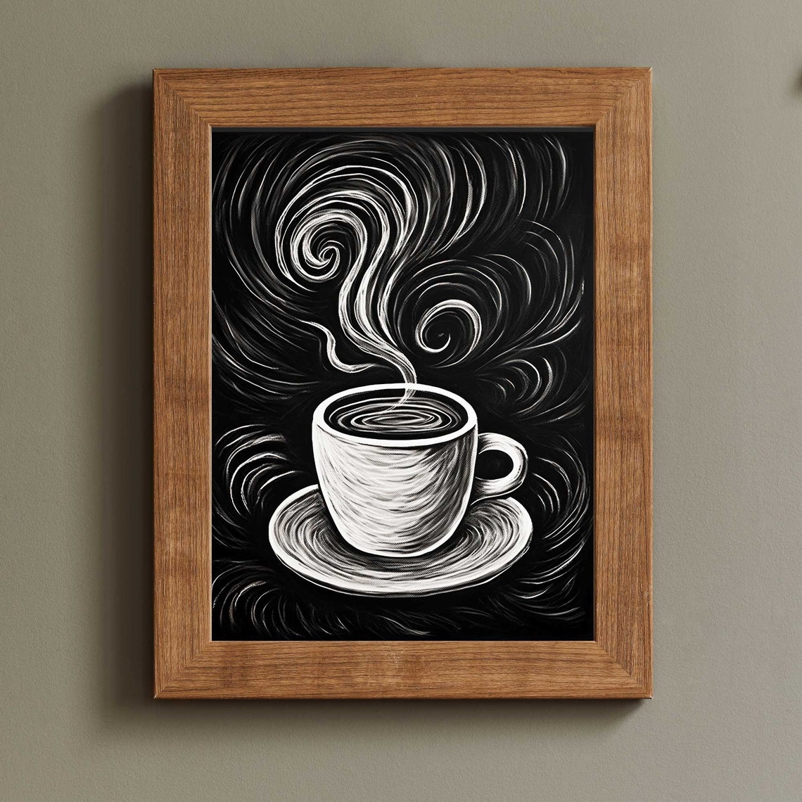 Steaming Coffee Cup Chalkboard Swirl Black And White Art Poster - Image 2