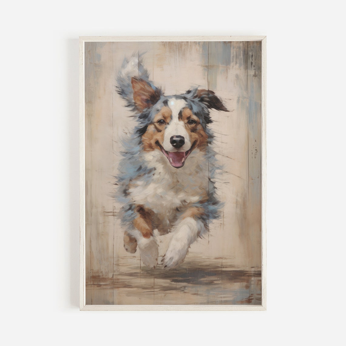 Happy Australian Shepherd Blue Merle Running Toward Viewer Art Poster - Image 2