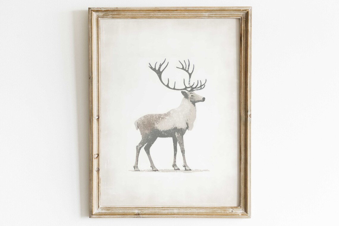 White Reindeer Minimalist Nordic Animal Watercolor Art Poster