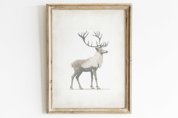 White Reindeer Minimalist Nordic Animal Watercolor Art Poster