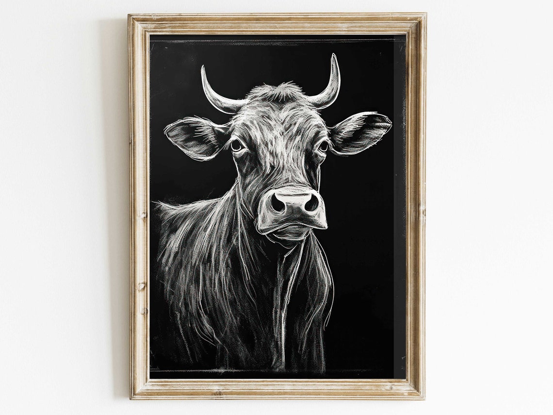 Curious Cow Chalk Sketch On Black Background Farm Animal Poster
