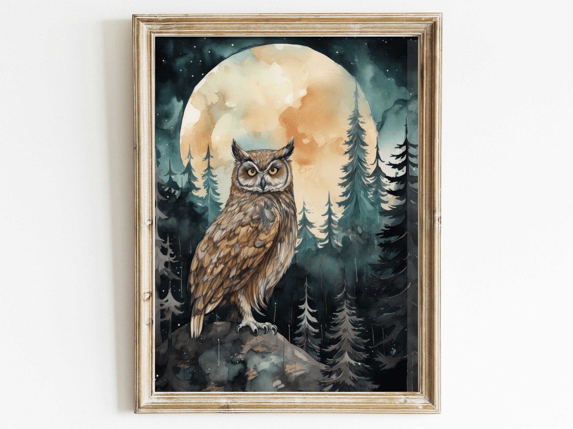 Owl Watercolor Forest Moon Art Print