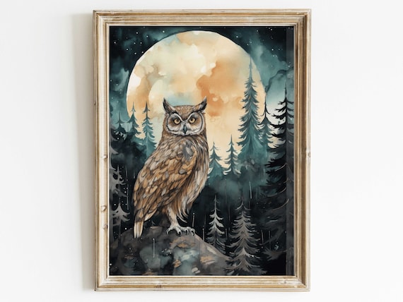 Owl Watercolor Forest Moon Art Print