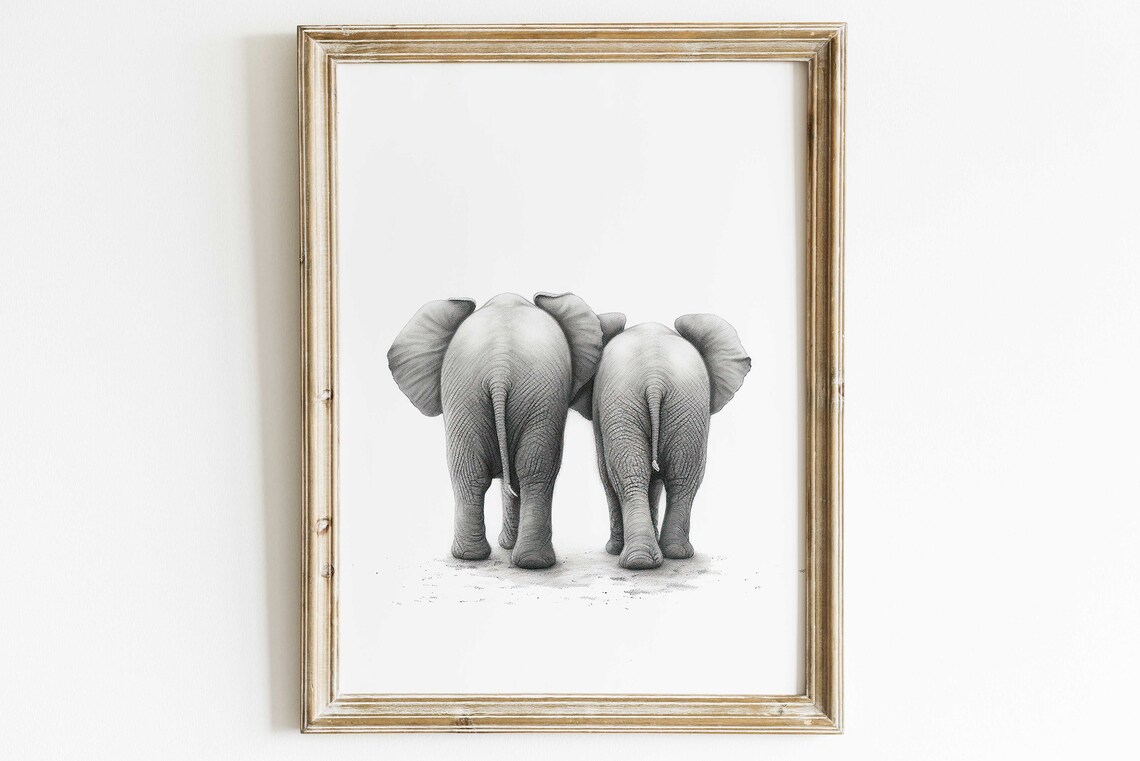 Two Baby Elephants Walking Away in Sweet Sketch Nursery Poster