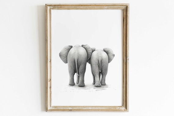 Two Baby Elephants Walking Away in Sweet Sketch Nursery Poster