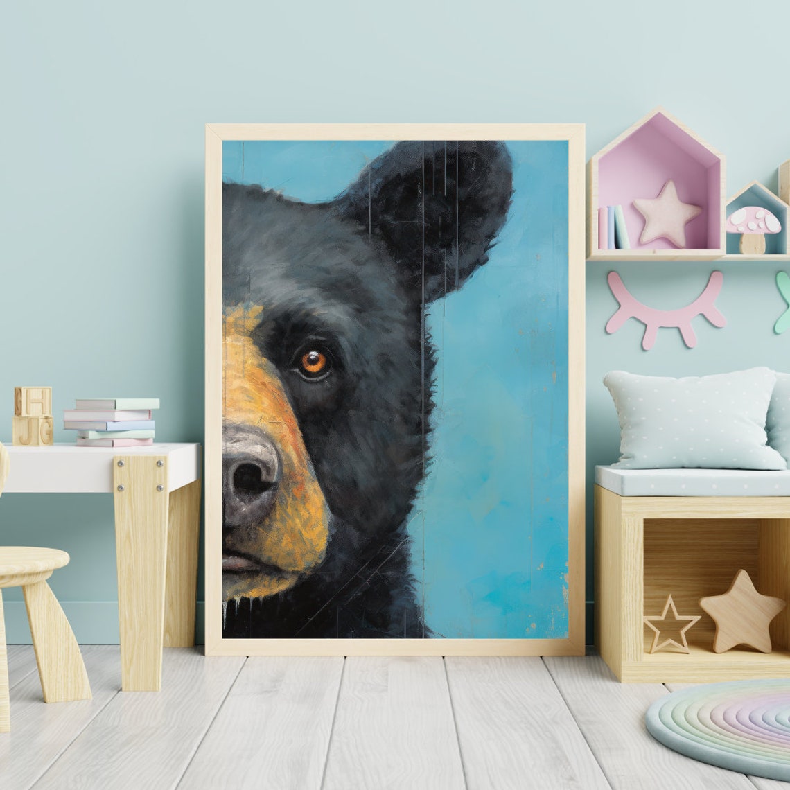 Close-Up Black Bear On Teal Background Modern Nursery Poster - Image 2