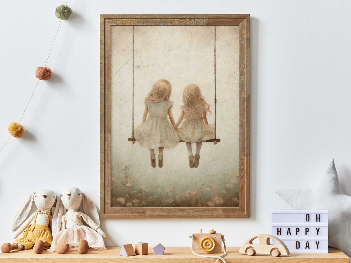 Girls on a Swing Sister Room Decor, Vintage Print