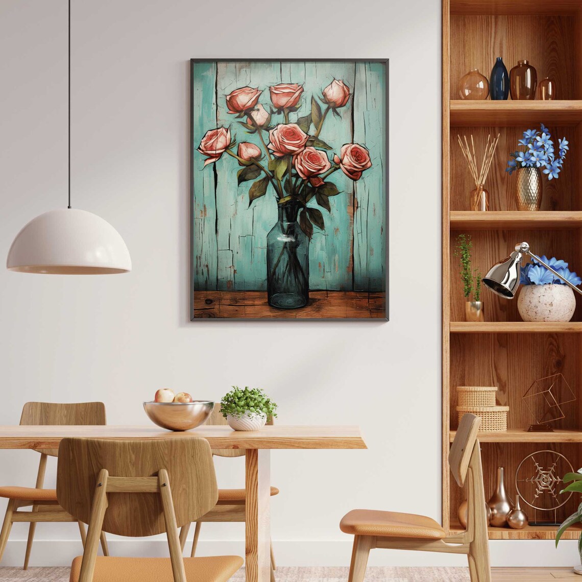 Pink Roses in Glass Bottle on Teal Distressed Wood Floral Poster - Image 2