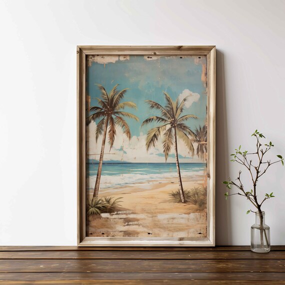 Tropical Beach Painting Beach Wall Art Vintage Beach Print Palm Tree Art Print Rustic Home Decor Ocean Wall Decor