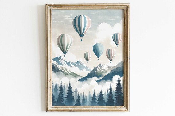 Pastel Hot Air Balloons Floating Over Snowy Mountain Peaks Poster