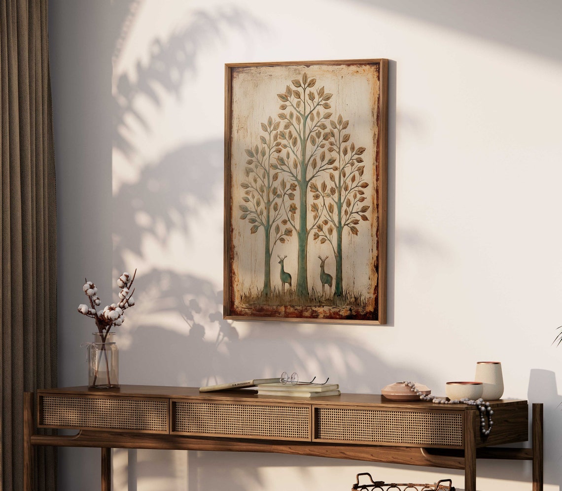 Stylized Forest Trees with Two Deer Vintage Folk Art Wall Print - Image 2