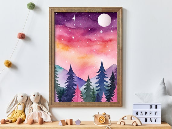 Watercolor Forest Nursery Wall Art Colorful Nursery Decor Moon Stars Watercolor Kids Or Girls Room Print And Art