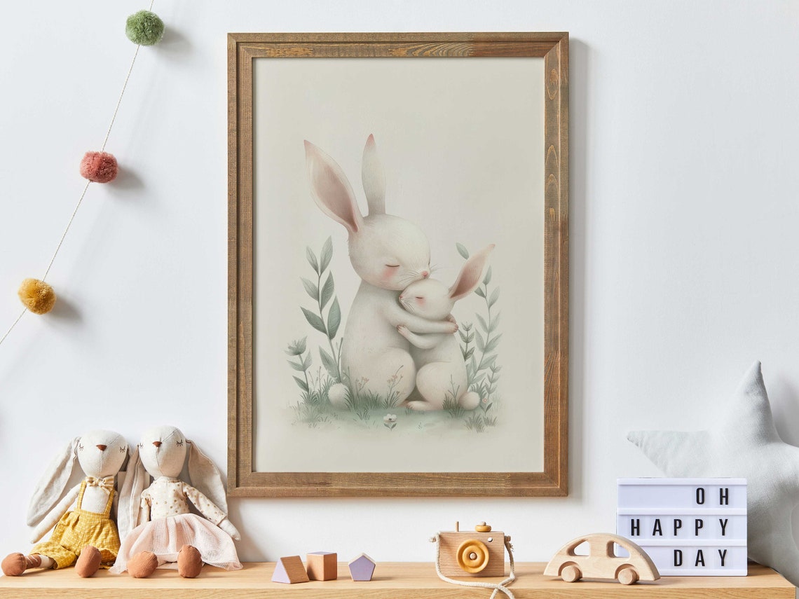 Two White Bunnies Hugging Watercolor Woodland Nursery Poster