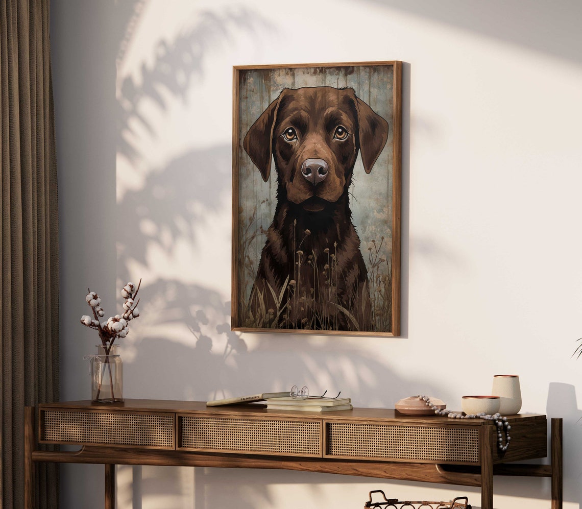 Chocolate Labrador Portrait Standing in Tall Grass Rustic Poster - Image 2
