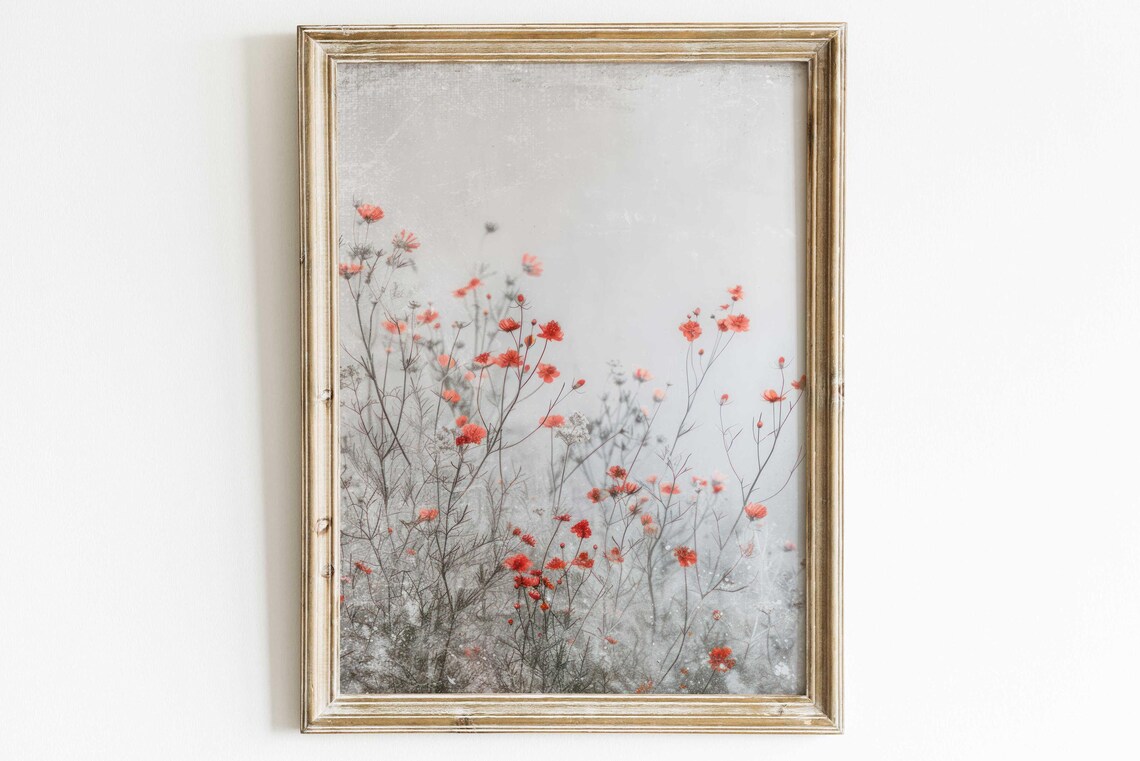 Tall Red Wildflower Field Rustic Floral Nature Artwork Poster