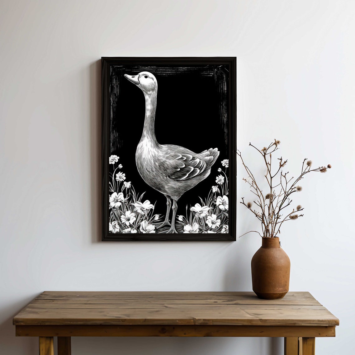 Black And White Goose Poster Floral Chalkboard Farmhouse Decor - Image 2