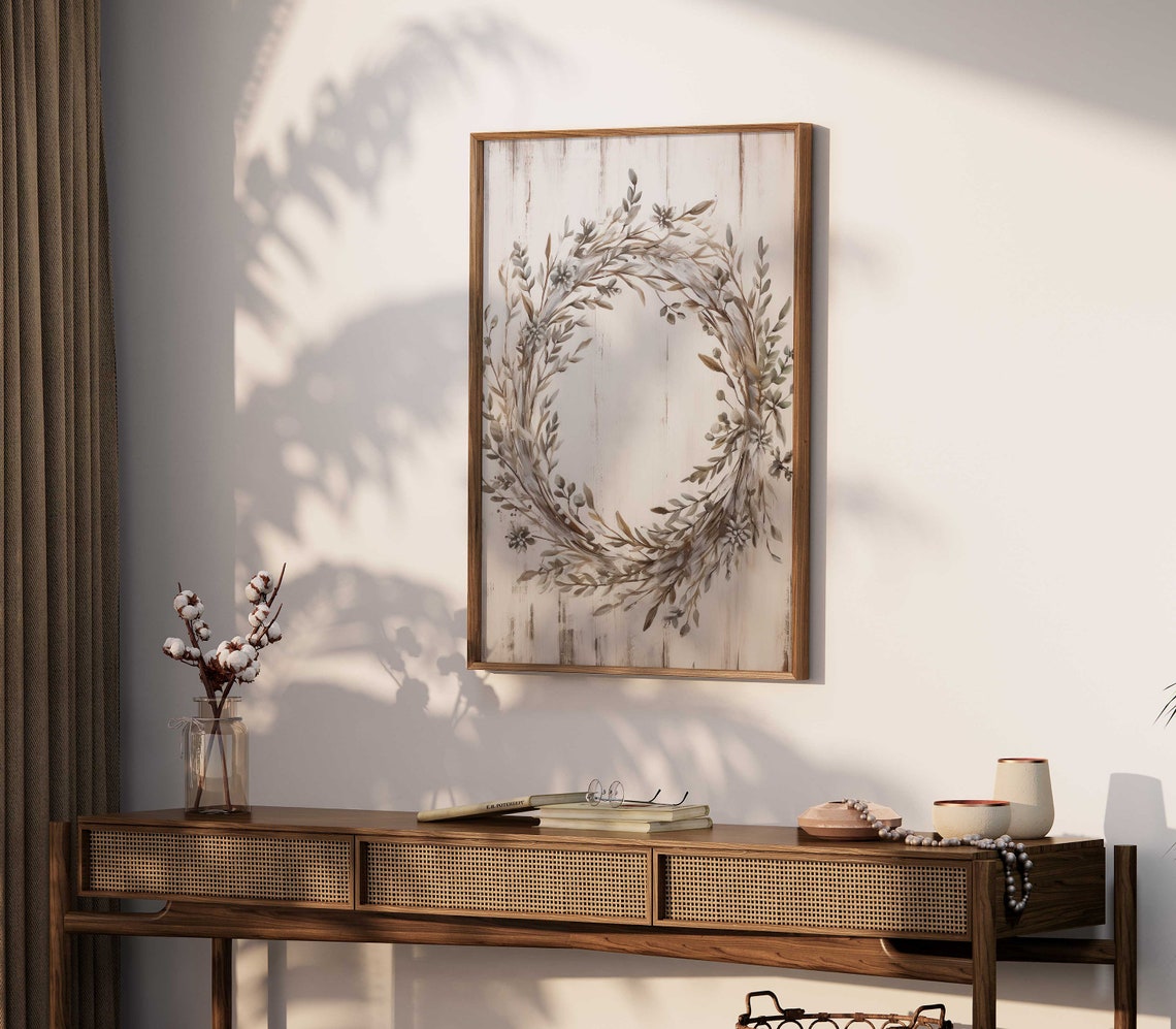 Muted Grey Eucalyptus Wreath On Whitewashed Wood Botanical Wall Art - Image 2